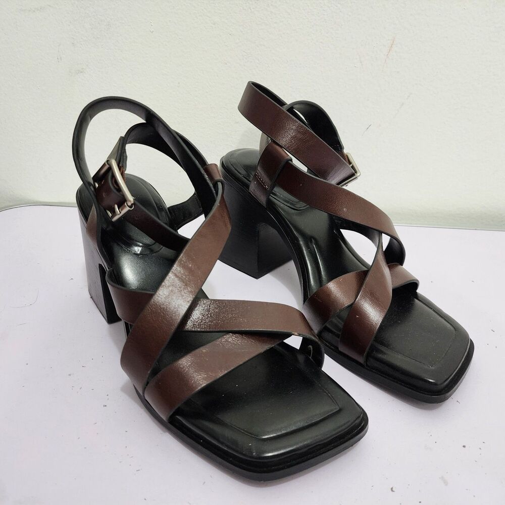 Zara Block Heel Strappy Leather Sandals Square Toe Brown Leather Womens Size 39